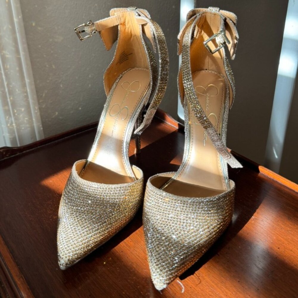 Jessica Simpson Lana High Heel Double Bow Gold Glittery Pumps